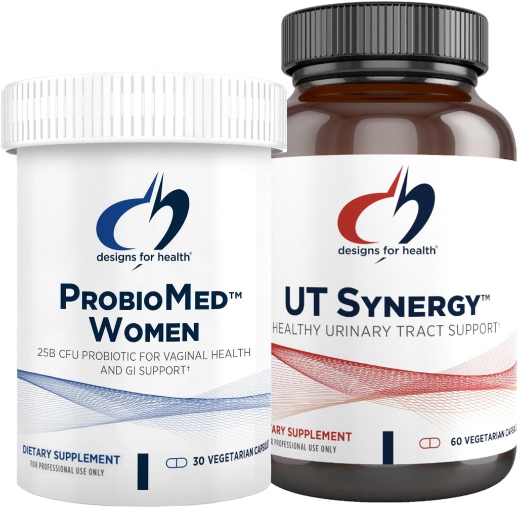 Designs for Health Vaginal Probiotic & UT Support Bundle - ProbioMed Women Probiotic (30 kapsul) za Gut Health & Vaginal pH, UT Synergy (60 kapsul) Sečni trakt Podpora s Hibiscus & D- Mannose