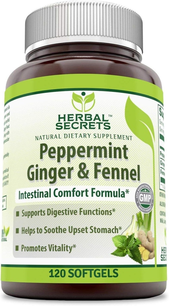 Zeliščne skrivnosti Peppermint Ginger & Fennel 120 Softgels (Non-GMO) - podpira prebavne funkcije* - spodbuja vitalnost*- Pomaga, da Udobno želodčne*