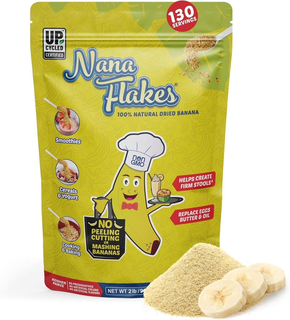 Nutritional Designs Nana Kosmiči 100% naravna banana v prahu, Prebavna podpora - Vir kalija in fiber - Nadomestek za jajca, maslo, ali olje v peki (2LB vrečka)