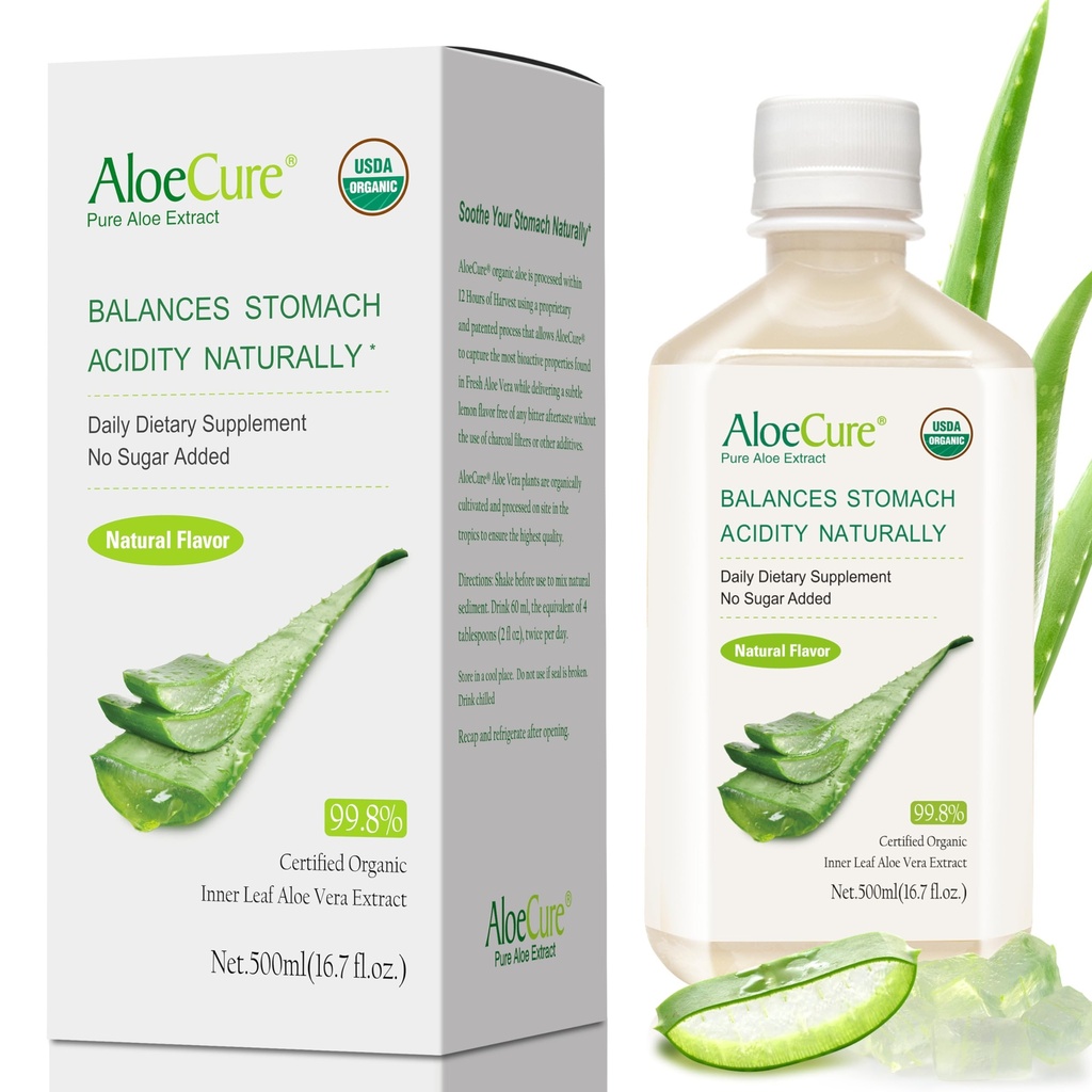 AloeCure USDA Ekološka Aloe Vera Juice narejena v 12 H letine - Pure Aloe Juice Natural Prebavni dodatek za podporo prebavljanje, imunski sistem in uravnotežena želodčna kislina, 500ml steklenica