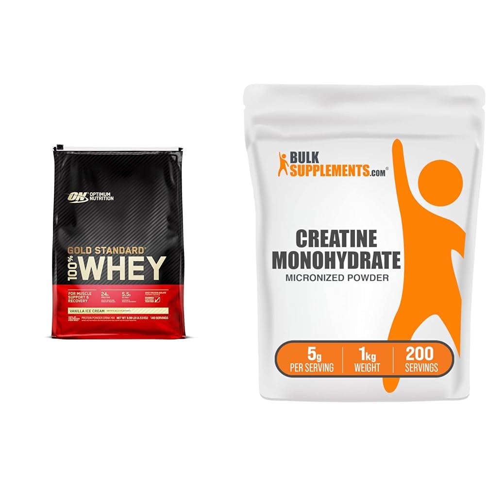 Optimum Nutrition Gold Standard 100% Whey Protein Powder, Vanilla Ice Cream, 10 Pound (Packaging May Vary) & BulkDobavitelji Mikroniziran Kreatin monohidrat V prahu (1 Kilogram)
