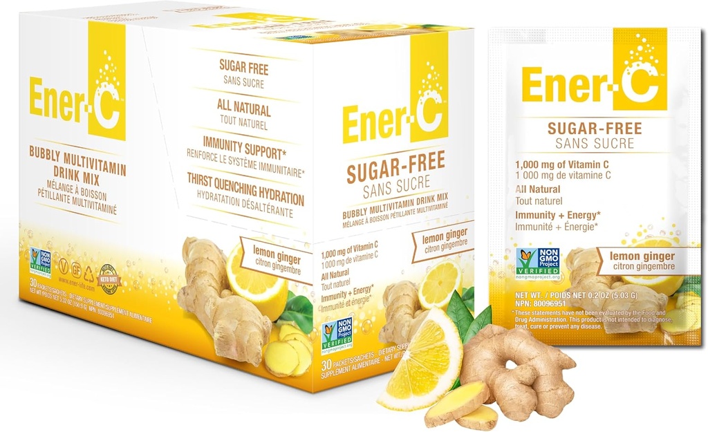 Ener-C sladkor brez limone ingver multivitaminski drink Mix, 1000mg Vitamin C, Non-GMO, Vegan, pravi sadni sok praški, naravna imuniteta podpora, Elektroliti, Gluten prost, 1-Pack 30