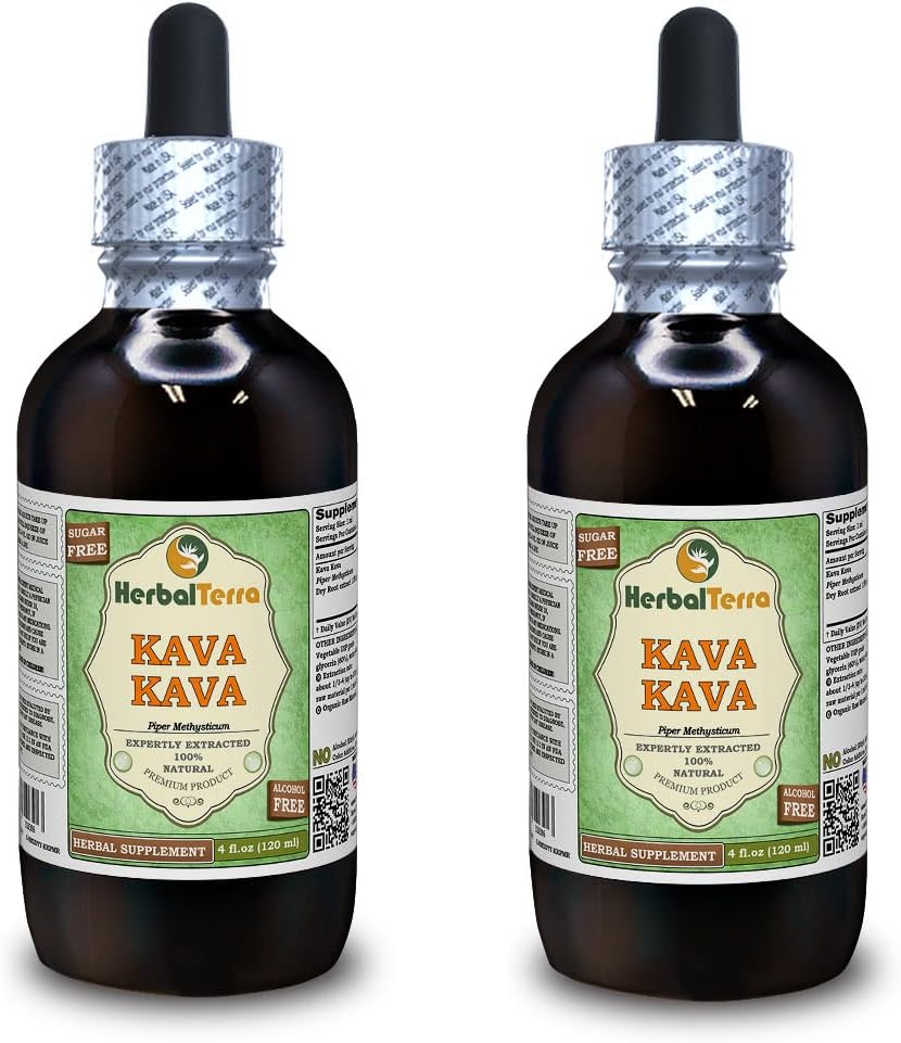 Kava Kava (Piper Methysticum) Glicerit, posušen korenski brezalkoholni tekoči ekstrakt (Brand Name: HerbalTerra, Proudly Made in USA) 2x4 fl.oz (2x120 ml)