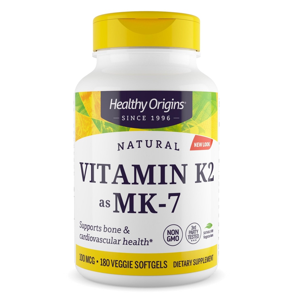 Zdravi izvori Vitamin K2 100 mcg (MK-7, Ne-GMO, Gluten prost, Kardiovaskakularna podpora, Podpora kosti), 180 Veggie Gels