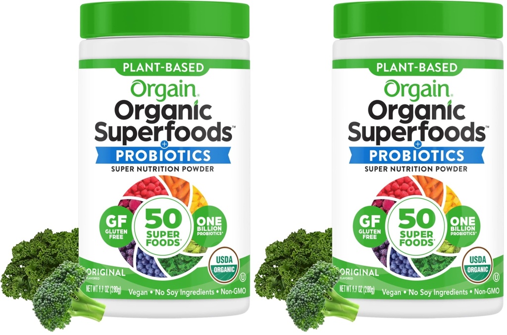 Orgain Organic Greens Powder + 50 Superfoods, Original - 1 milijarda probiotikov za Gut Health, Antioksidanti, Vegan, rastlin na osnovi, Gluten brez, ne GSO, Mlečni brezalkoholni sok in Smoothie Mix - 0,62lb