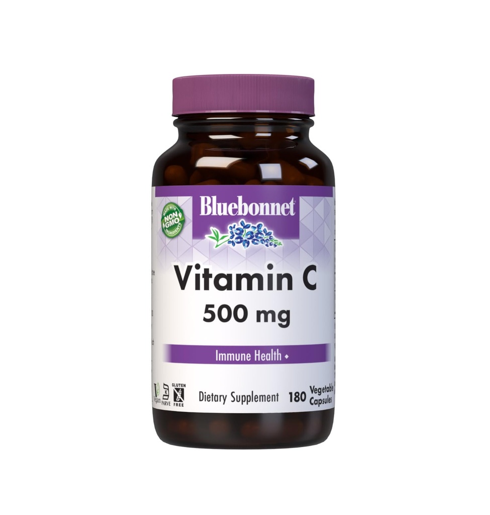 Bluebonnet Nutrition Vitamin C 500 mg Zelenjavne kapsule, Askorbinska kislina, za zdravje imunskega in kožnega izvora, Vegan, Vegetarian, Non GSO, Gluten Free, Soy Free, mleko, Košir, 180 Zelenjavne kapsule
