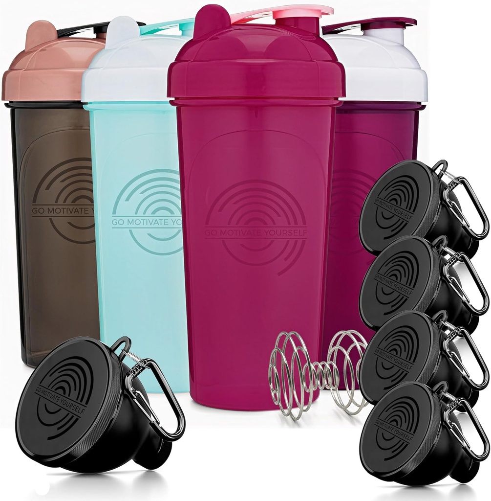 GOMOYO Fitness Bundle - 4-Pack Shaker steklenice z Agitator + 5-Pack Protein Funnels z karabinerjem, BPA-free & Dishwaster Safe