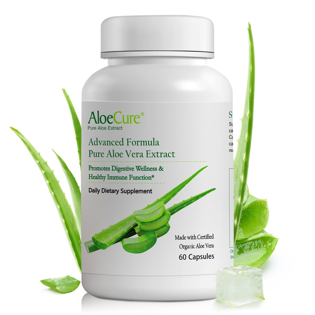 AloeCure Organic Aloe Vera Kapsule, 130.000mg Notranji Aloe Leaf Equivelant na služijo, Podpora Gut Health & Prebavni Comfort, Trebušna kislina Buffer, Naravni imunski dodatek, Aloin, 60 kapsul