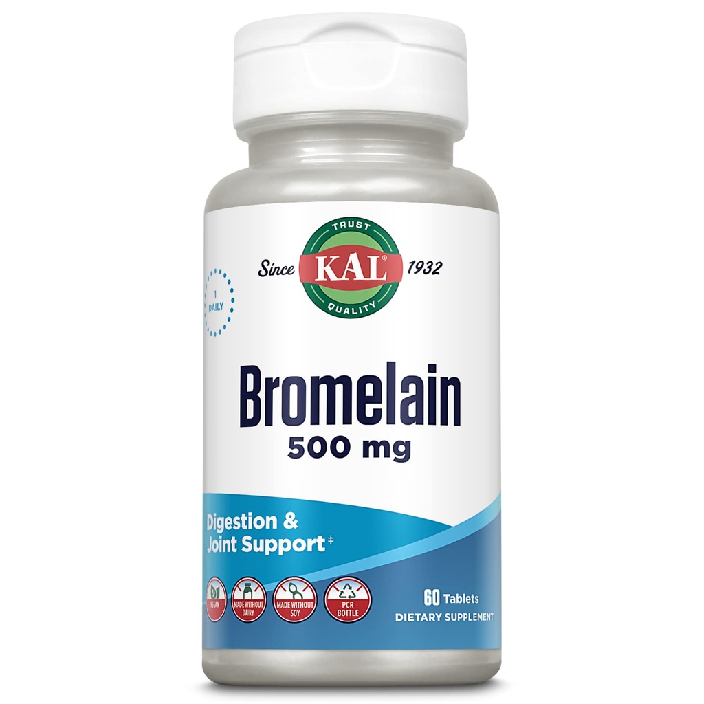KAL Bromelain 500 mg, Prebava in skupni dodatek za podporo, Prebavne encime, Ananasov ekstrakt, Hitra disintegracija, Vegan, Made Without Dairy or Soy, Lab preverjeno, 60 Serving, 60 tablet