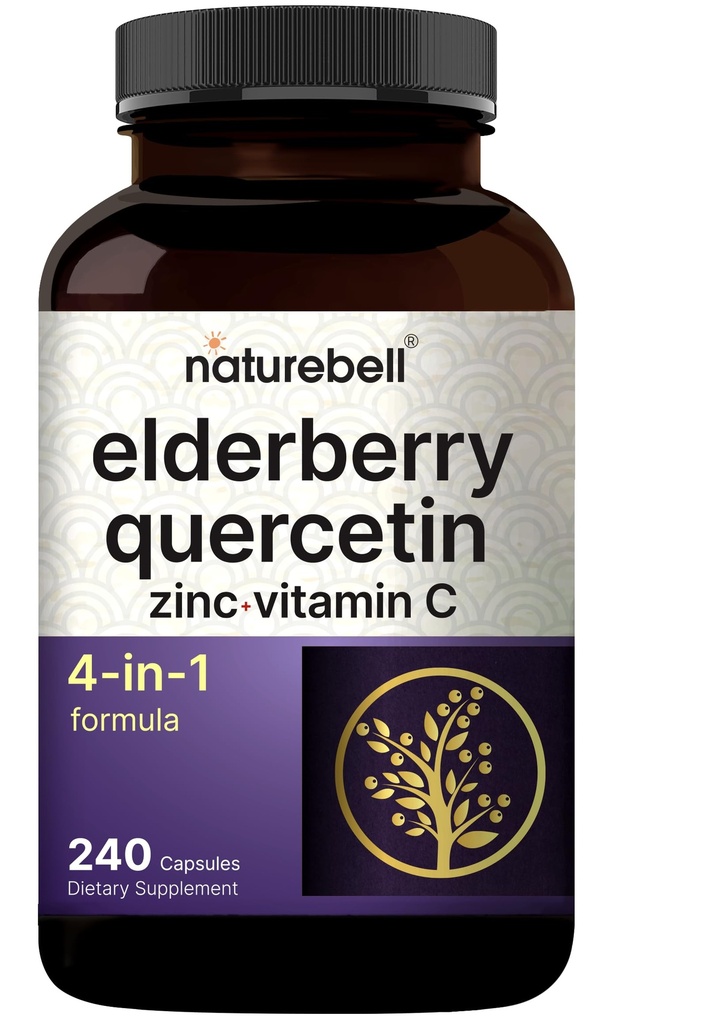 NatureBell Sambucus Elderberry kapsule, 5000mg na postrežbo s Quercetin 500mg, vitamin C in cink, 240 Count 