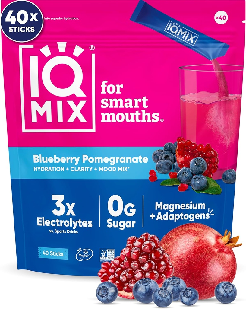 IQMIX Hidracija Elektrolitni prašek – 4-v-1 Formula za hidracijo, mentalno jasnost, razpoloženje in regeneracijo – mešanica brez sladkorja, keto, magnezijev L-treonat, levja griva – 40 Count Blueberry Granate