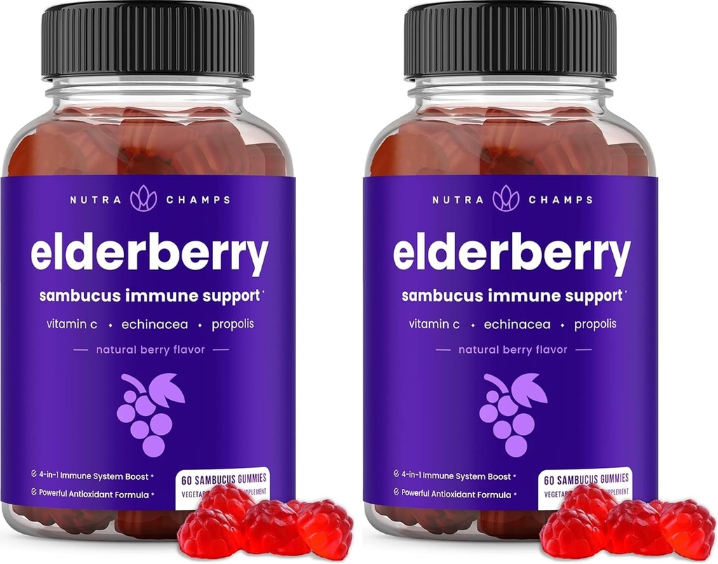 NutraChamps Elderberry Gumies z vitaminom C, Propolis & Echinacea - Imunski sistem podpora Gummy Vitamini za odrasle in otroke - Max Jakost 200mg Sambucus Antioksidant (Pack of 2)