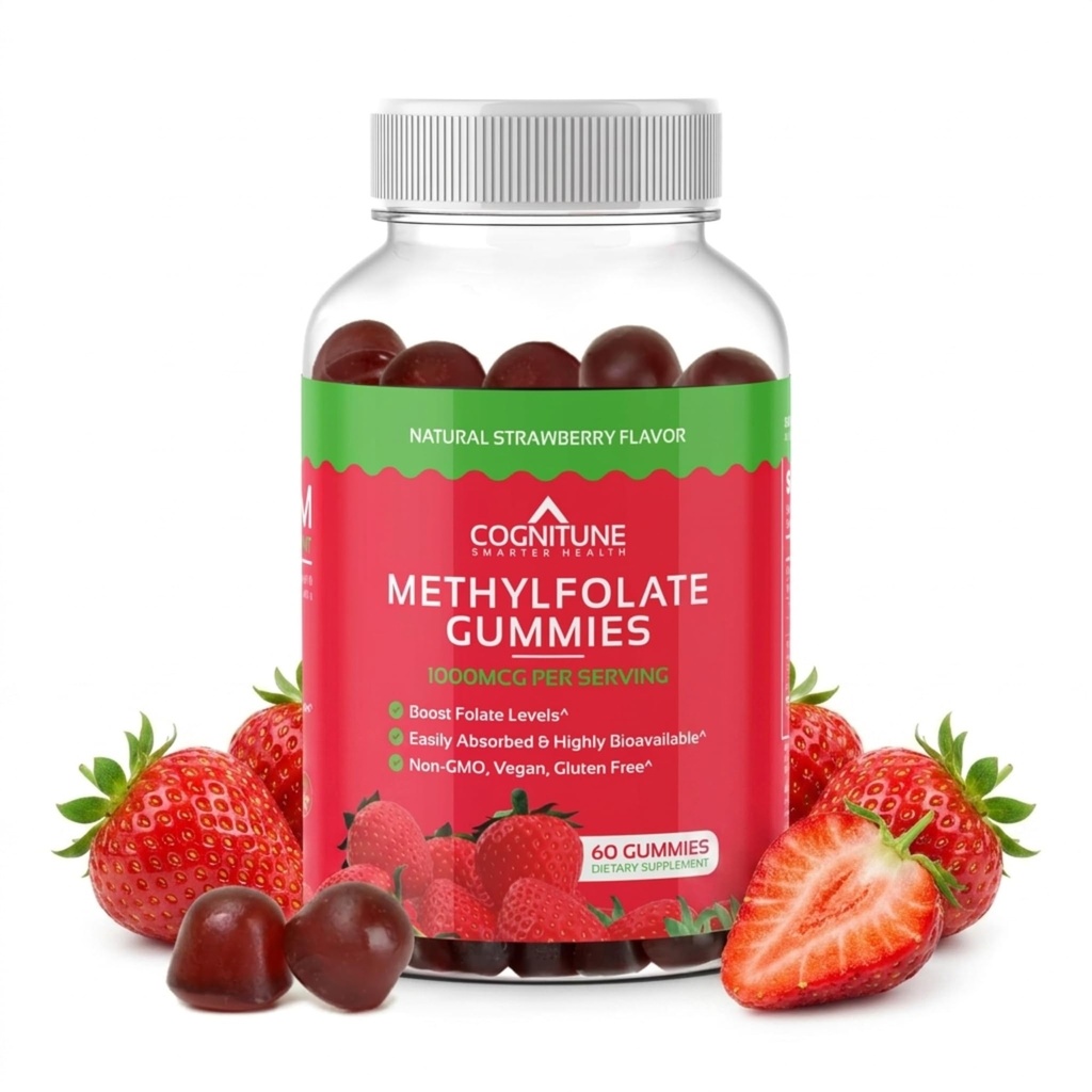 CogniTune Metilfolate Gummies - Enostaven za jemanje visoke jakosti L-metilfolat, Folat dodatek za možgane, zdravje srca in imuniteto, Okus jagode, Ne-GMO, Vegan, Gluten-free