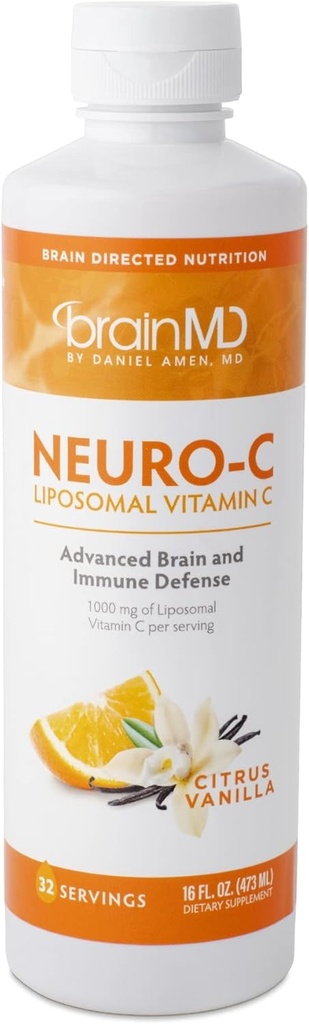 BRAINMD dr. Amen Neuro-C, Citrus Vanilla - 16 fl oz - 1000 mg Liposomski Vitamin C - Napredna Brain & Imunska obramba - Gluten Free - 32 Serving