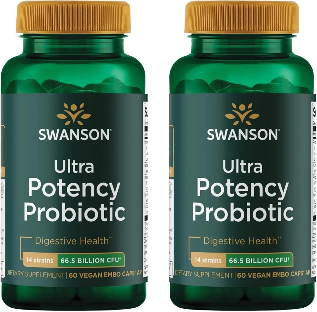 Swanson Ultra Potency Probiotic Digestive Health Imunski sistem Podpora 66 Milijarda CFU Prebiotic NutraFlora scFOS 60 DRcaps Veggie kapsule (kap) (2 paket)