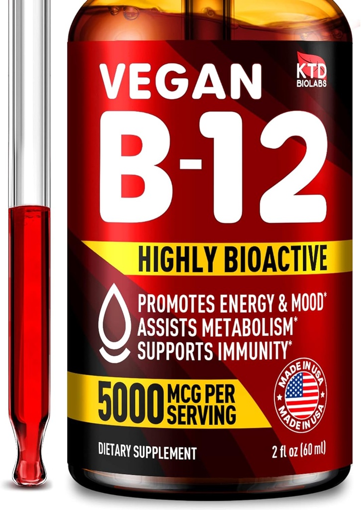 B12 Podjezične 5000 μg kapljice - Made in USA - Vegan B12 Vitamini za energijo, Mood & Memory - Visoko biološko na voljo Podjezične kapljice - Metilkobalamin za ženske in moške - 2 fl. oz.