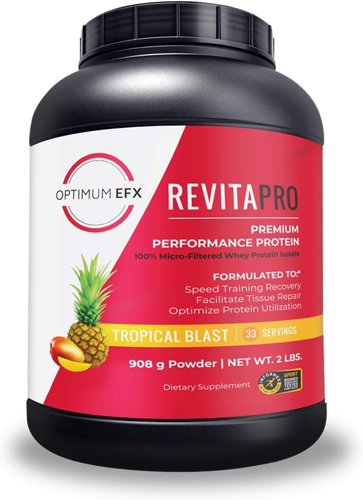 RevitaPRO, Premium Performance Beljakovine, 100% izolat sirotkinih beljakovin, naravno sladkana, brez soje, brez dodanega sladkorja, brez umetnih sestavin -2 funta (tropska plast)
