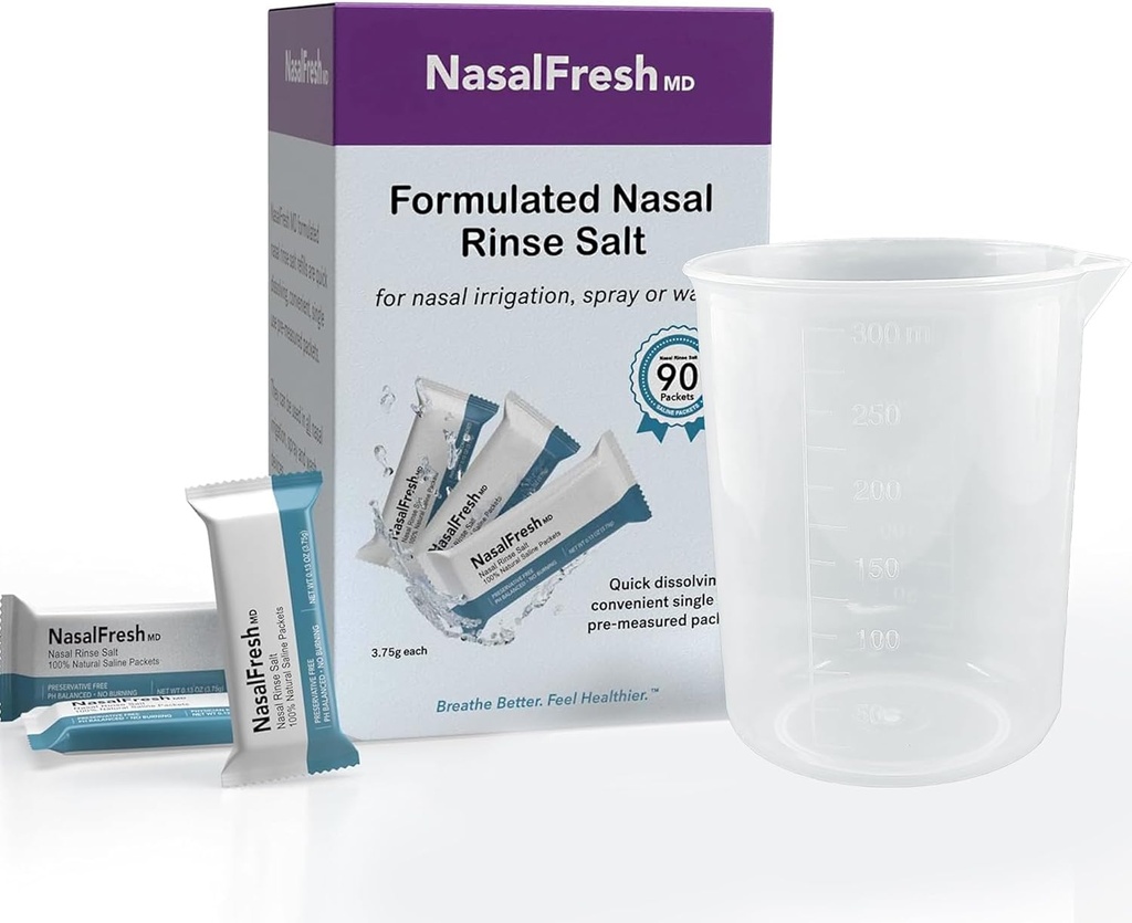 NASALFRESH MD - Saline Packets - hitro raztapljanje - enkratna uporaba - predmerjena - namakanje nosa - individualno zaviti (3.75g/1.3oz) - 90 Count Refill Packets - 300mm pokal