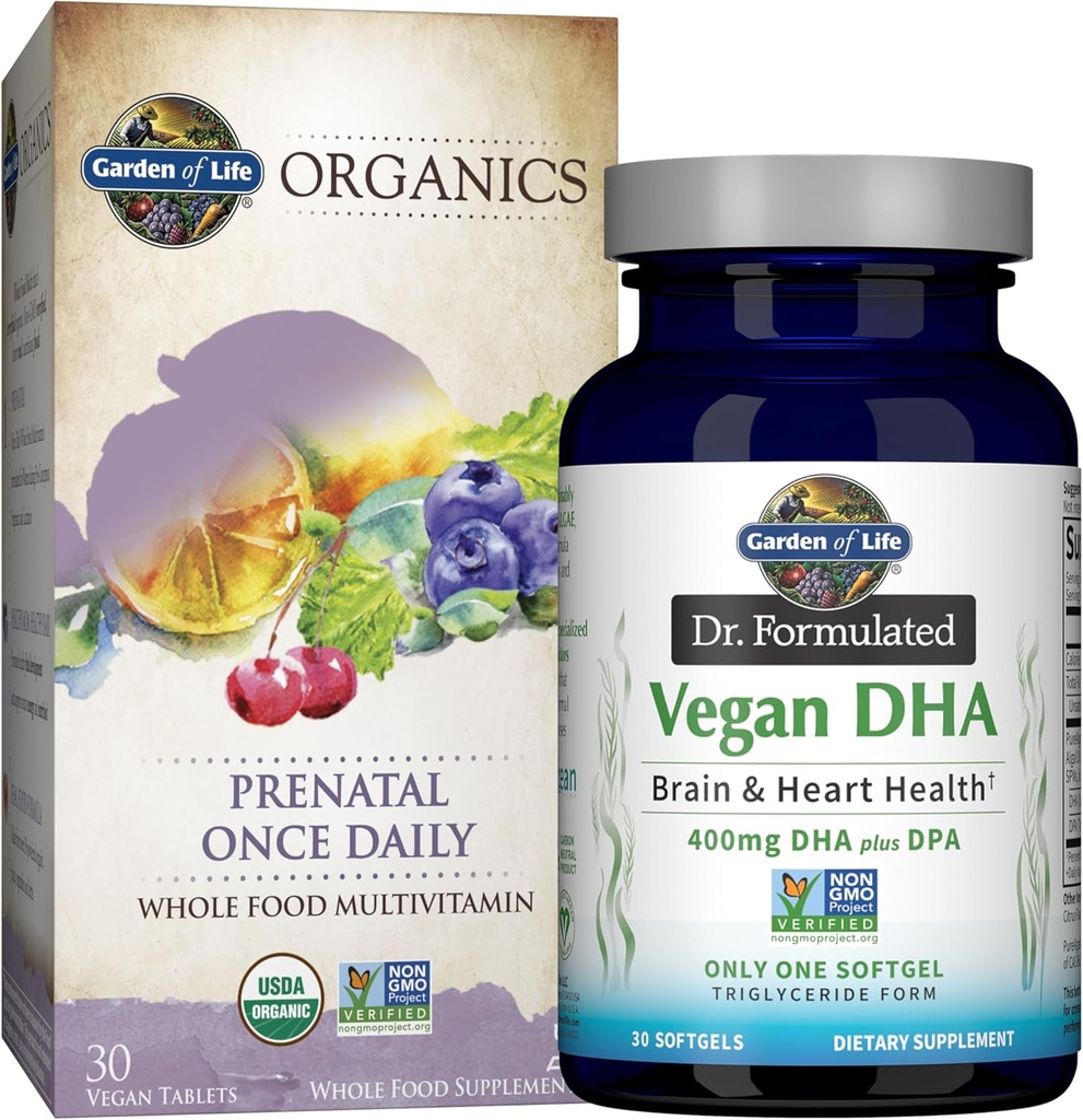 Vrt življenja Enkrat Daily Vegan DHA + Prednatal Multi Bundle: Dr Formulirani Vegan DHA 30 Softgels + Organics Prednatal Enkrat na dan Multivitamini s Folat za ženske prenatalno zdravje, 30 Tablete