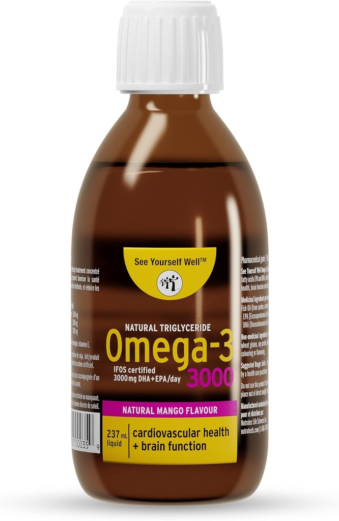 Liquid Omega 3 ribje olje - Visoka moč. Spodbuja možgane, oko, srce in imuno zdravje. Naravni triglicerid. 237ml / 8oz - 48 Služi. Mango