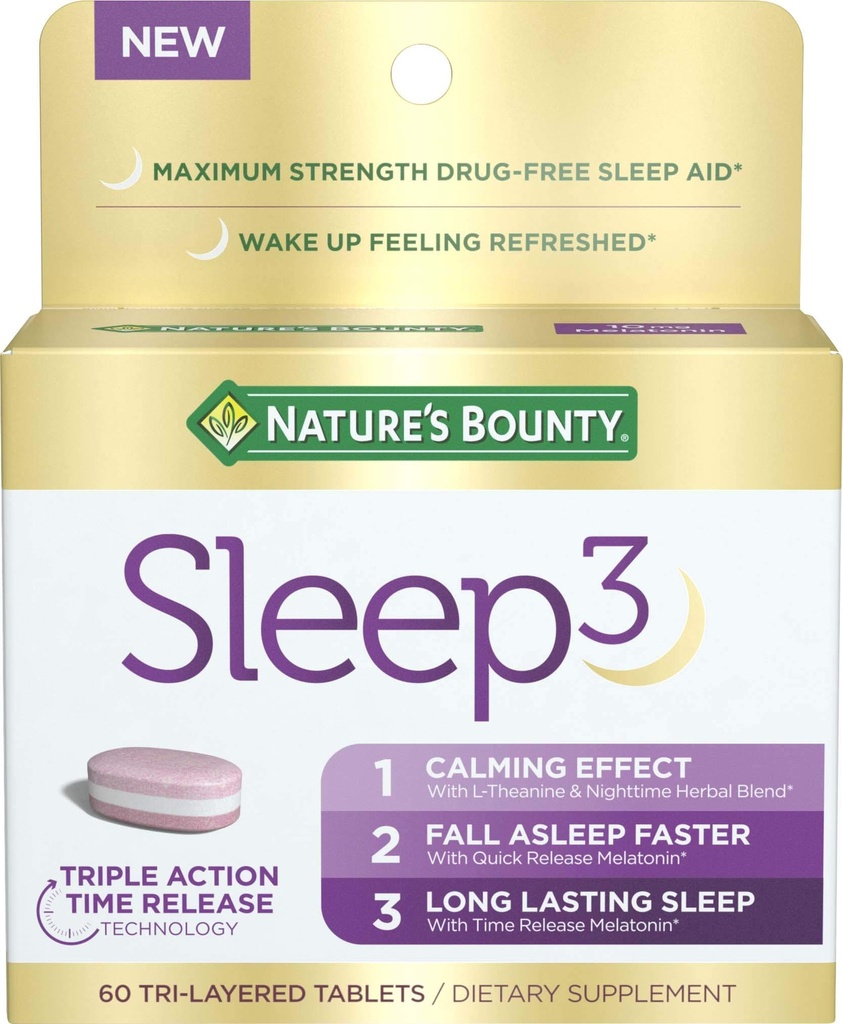 Naravni Bounty Sleep3 Melatonin 10mg, Največja moč 100% brez drog pomoč za spanje, Prehranska dopolnila, L-Theanine & Nighttime Zeliščna mešanica čas release tehnologija, 60 Tri-Layered tablete