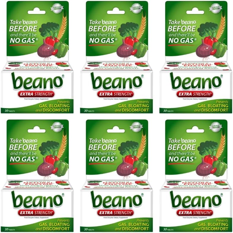 Beano ekstra moč, Prebavni encim dopolnilo, Preprečuje plin, Bloating in neugodje (Packaging May Vary) 30 Število vsak (Pack od 6)