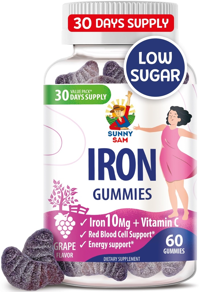 SUNNY SAM Iron Gummies za otroke in odrasle - železovi vitamini z vitaminom C, 10mg na serviranje - žvečljivi sadni gumi za proizvodnjo imunske podpore rdečih krvnih celic