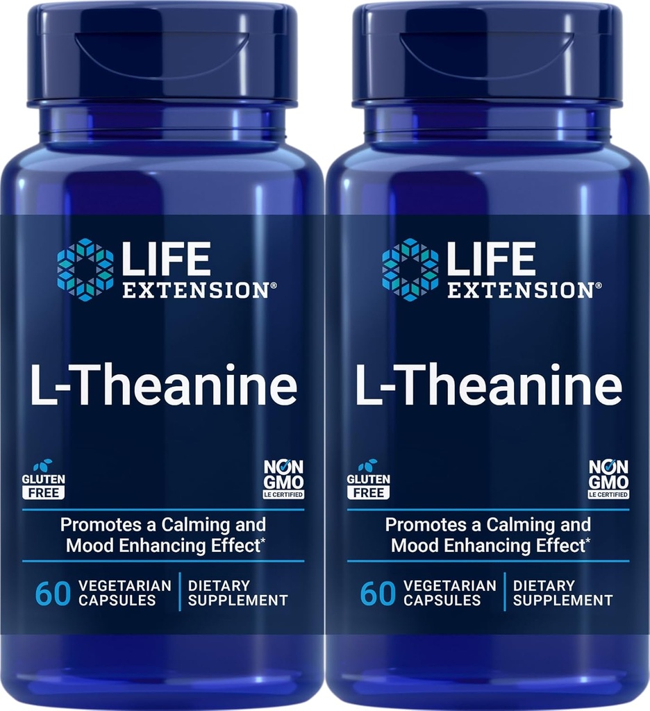Life Extension L-Theanin, 60 vegetarijanskih kapsul (paket po 2) - Aminokislina, pridobljena iz čaja - brez glutena, ne-GMO