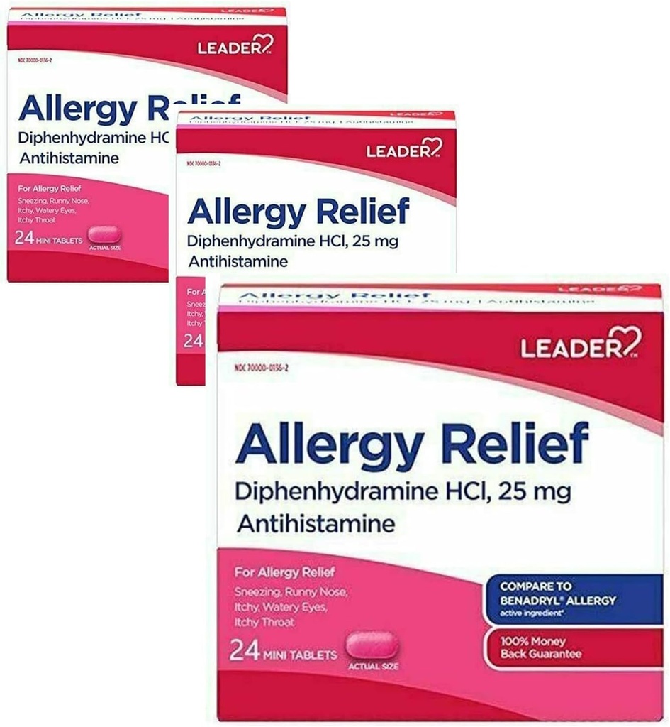 Leader Antihistaminiki Alergija Relief Difenhidramin HCl, 25 mg Mini tablete, 24 število paket po 3