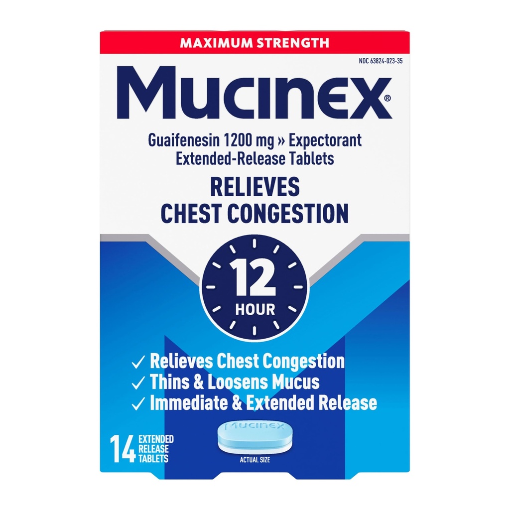 Mucinex zamašek v prsnem košu, največja moč 12 ur razširjena sprostitev tablete, 14ct, 1200 mg Guaifenesin z razširjenim lajšanjem zastojev v prsnem košu, ki jih povzroča odvečna sluz, žeja in rahlja sluz