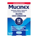 Mucinex zamašek v prsnem košu, največja moč 12 ur razširjena sprostitev tablete, 14ct, 1200 mg Guaifenesin z razširjenim lajšanjem zastojev v prsnem košu, ki jih povzroča odvečna sluz, žeja in rahlja sluz
