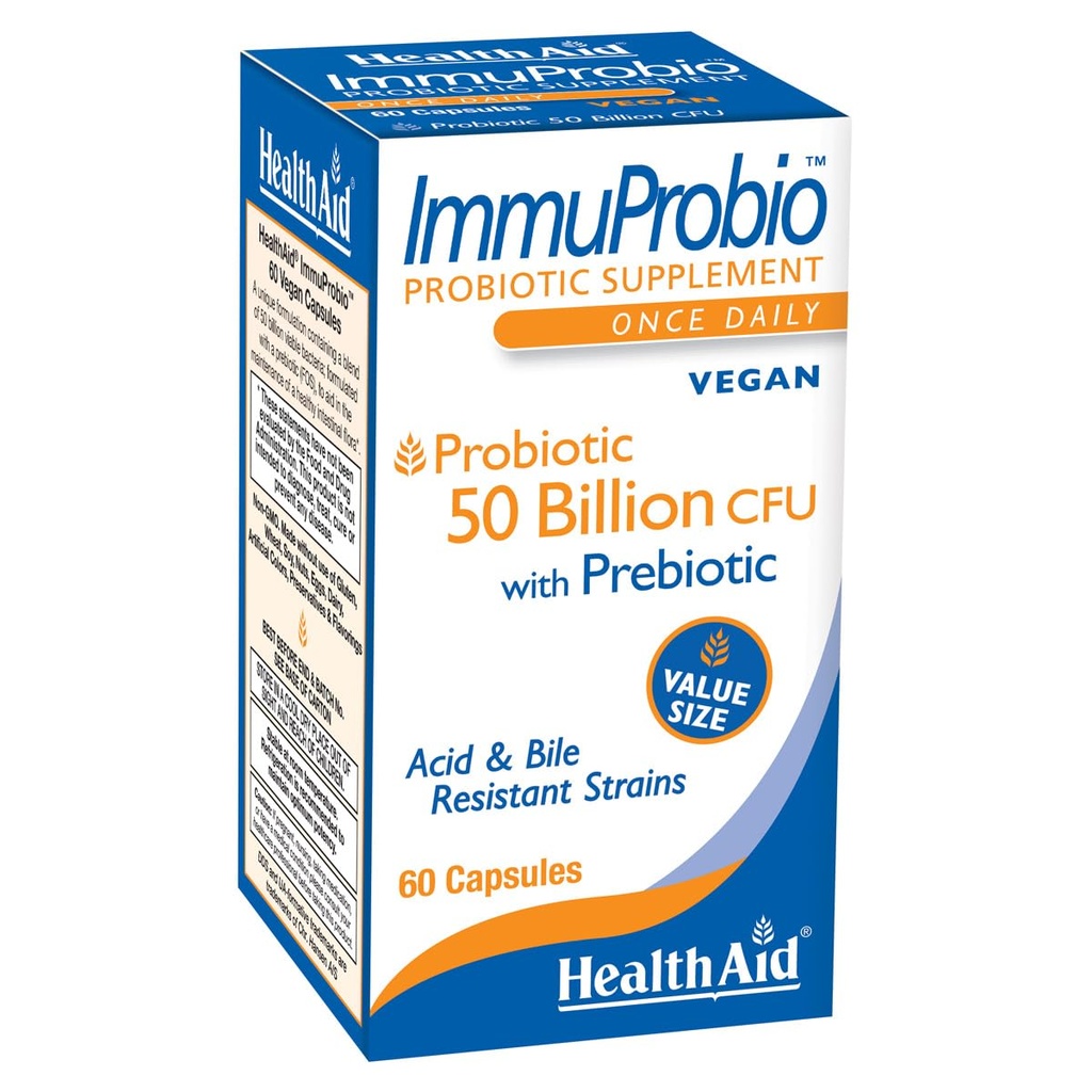 HealthAid ImmuProbio 60 Caps - 50 milijard CFU s prebiotičnim, enkrat dnevno, Kislinski in žolčni upori, Vegan