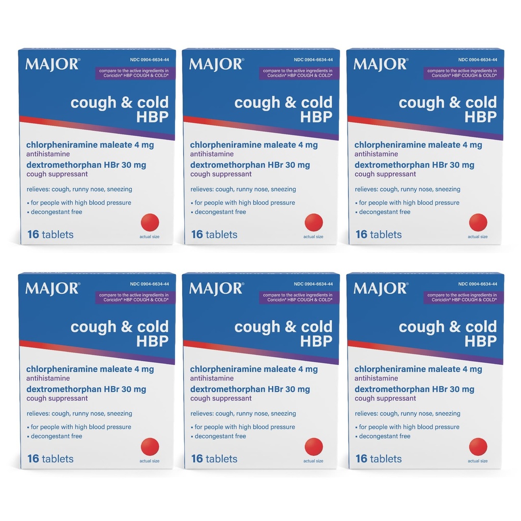 MAJOR Kašelj in hladne tablete HBP - antihistaminik in sredstvo za zatiranje kašlja za ljudi z visokim krvnim tlakom - dekstrometorfan HBr, klorfeniramin maleat - 16 število (6 pakiranj)