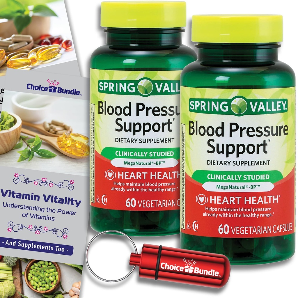 Choice Bunde Spring Valley Podpora krvnemu tlaku vegetarijanske kapsule 60 Ct 2 pk (120 skupaj) + Vitamin vodnik & tablete vsebnik (4 Izdelki)!