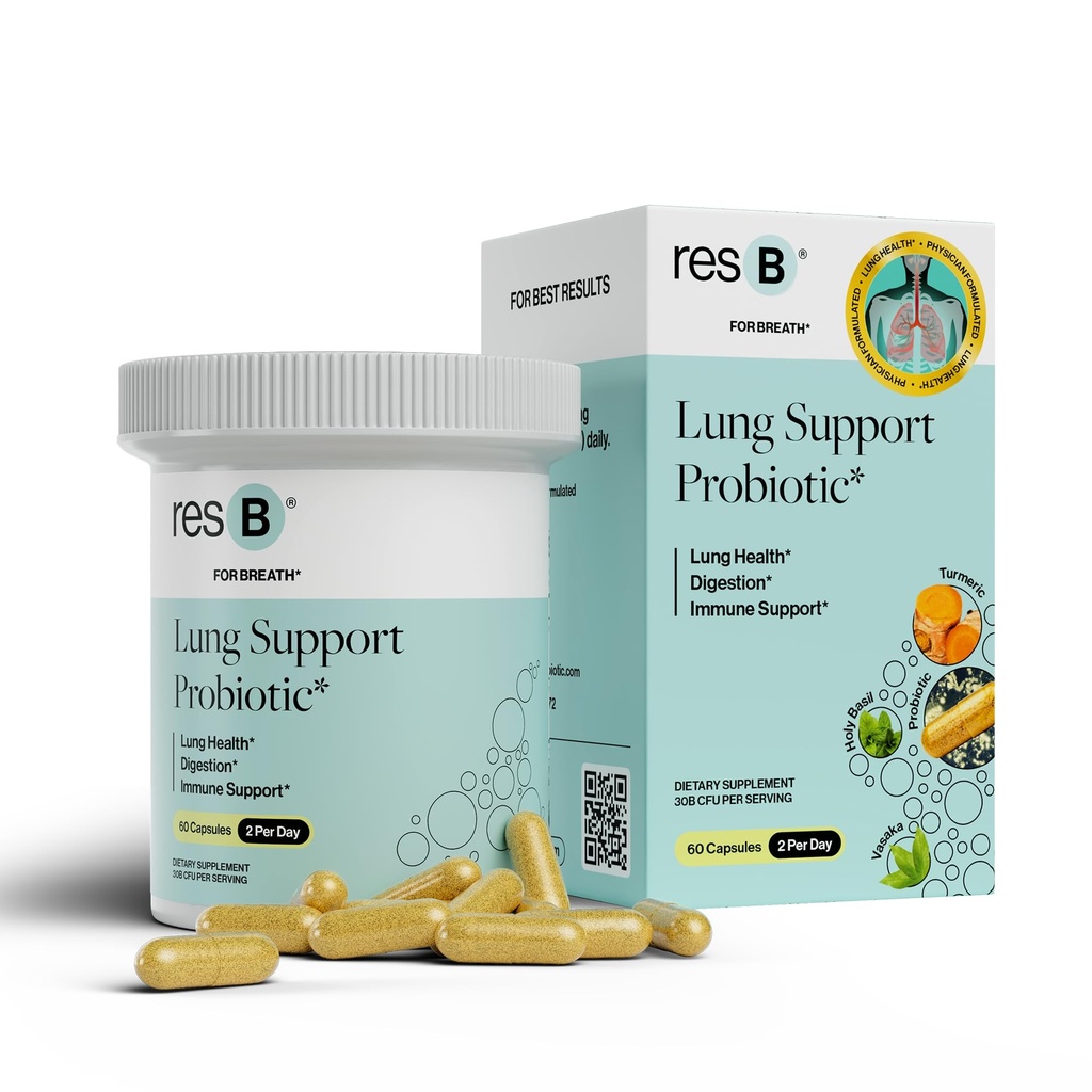 ResB Lung Support Probiotic Supplement - Lung Health Supplement za kadilce, Gut Health, Imun & Digestive Support, Respiratorna nega, Sveti Basil & Kurmer, klinično preizkušen - 60 kapsul