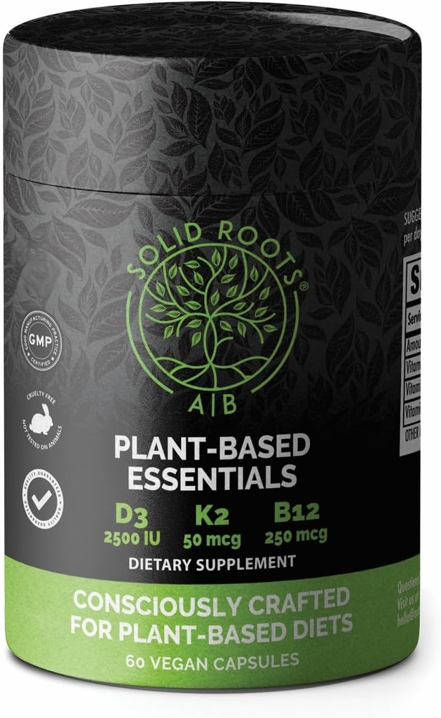 SOLID ROOTS Veganski vitamin D3 + K2 + B12 za kosti, srce, kožo, na zobeh temelječe multivitaminske esencialne snovi