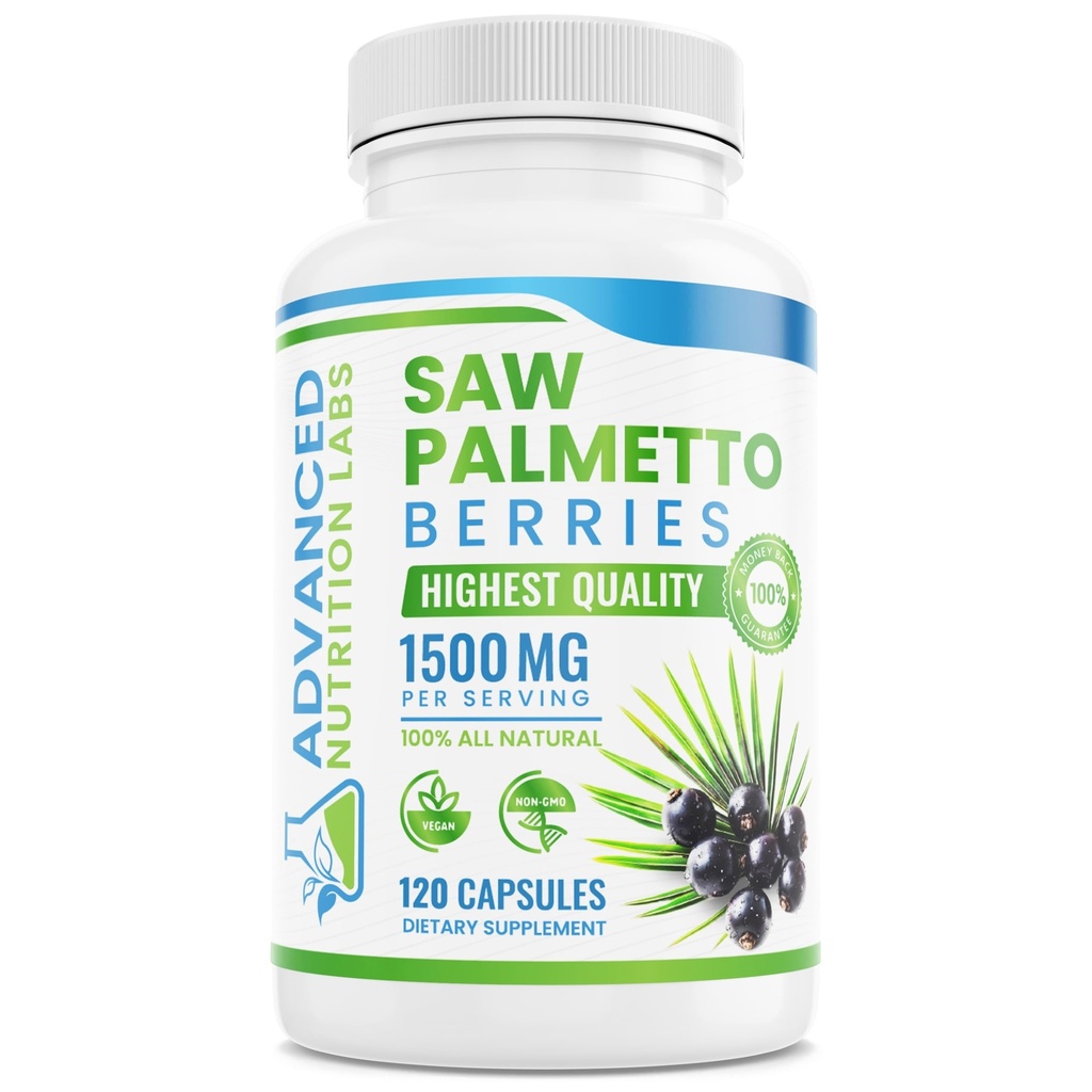 Saw Palmetto jagode & Extract - 1500 mg Saw Palmetto dodatek za moške in ženske - DHT bloker za rast las, prostata podpora in zdravje urina - 120 Veganske kapsule