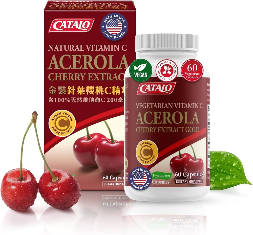CATALO Acerola Cherry Extract kapsule – vitamin C iz Acerola češnje, na osnovi rastlin, brez sintetičnih vitaminov C, brez umetnih barv ali konzervansov – 60 vegetarijanskih kapsul
