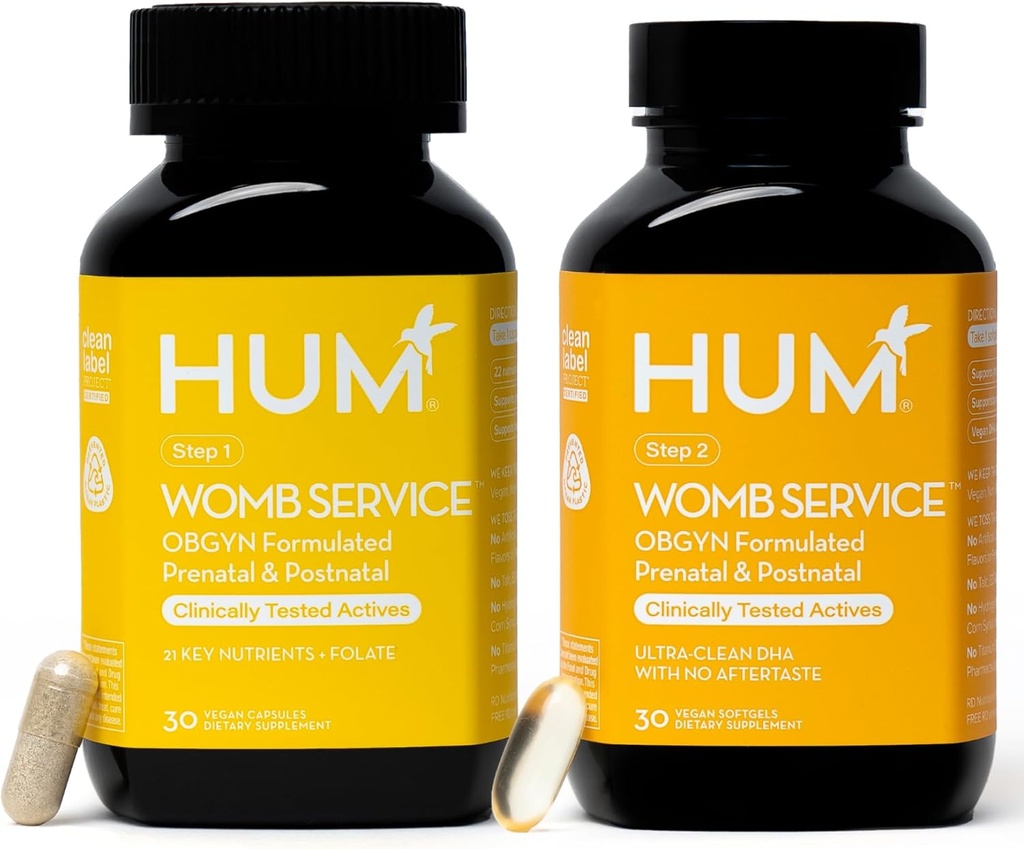 HUM Womb Service Postnatalne in prenatalne dodatke za ženske, OBGYN oblikovan z Veganom DHA, Choline & Folate, Čiste dnevne hranilne snovi, Predpost Nosečnost Podpora, 30 Veganske kapsule in 30 Softgels