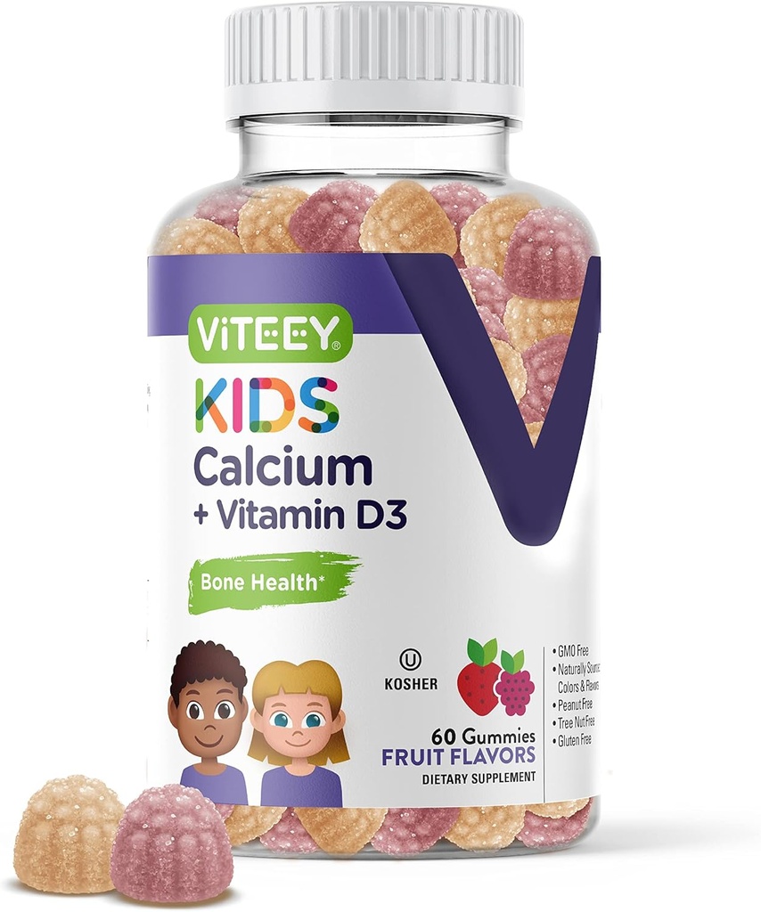 Otroci Kalcij Gummies z vitaminom D3 - Podpira zdravje kosti in zob - naravno izvor kalcij 500mg Plus vitamin D3 1000iu - Gluten brezplačno, GSO brezplačno - Okusno žvečljivo sadje okusno Gummy
