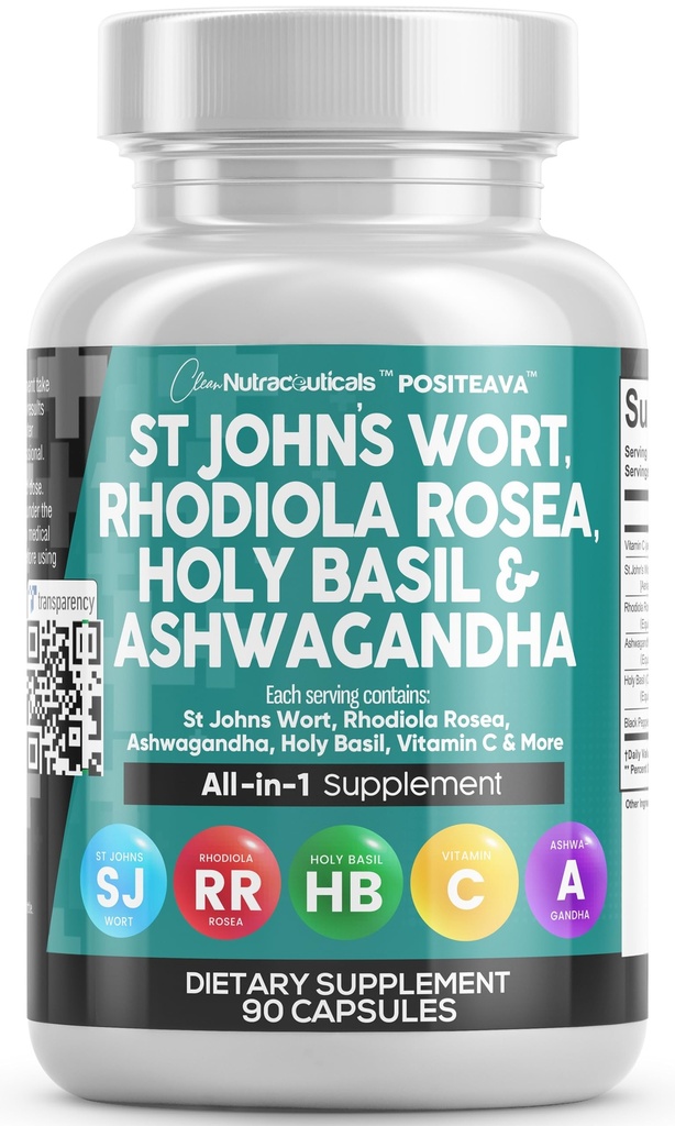Čista nutracevtika St Johns Wort Rhodiola Rosea Sveti Basil Ashwagandha - Mood podpora za ženske in moške z vitaminom C in izvleček črnega popra - 90 kap