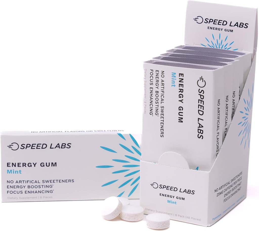 Speed Labs Mint Natural Caffeine Energy Gum 25mg Kofein, Tavrin, B Vitamini na kos, 48 kosov (6 pakiranj po 8) Sladkor brez sladkorja, nič kalorij, naravno sladkan, Gluten brez