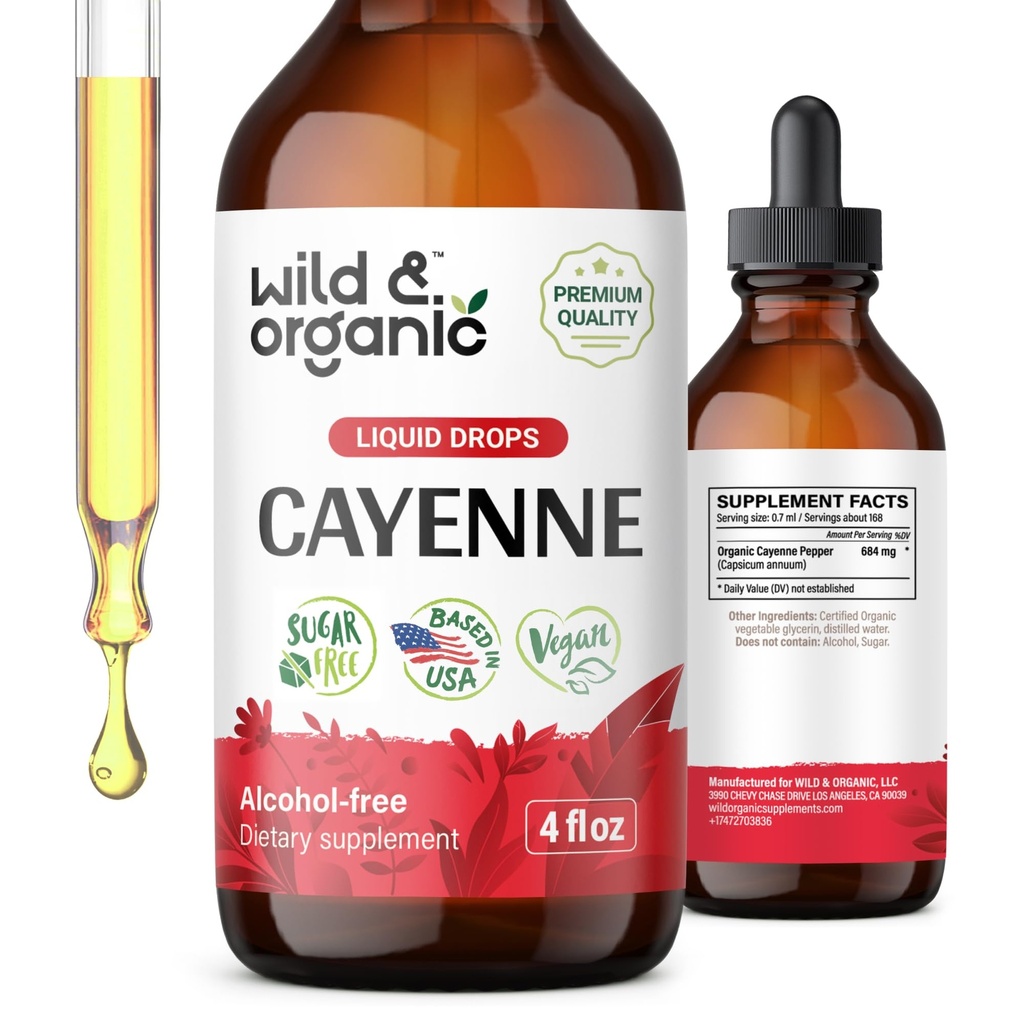 Wild & Organic Cayenne Pepper Tinkture - Prebavna podpora s Capsaicin Extract - Cayenne Pepper tekoče kapljice za splošno dobro počutje - Vegan, sladkor in alkohol brez - 4 fl oz
