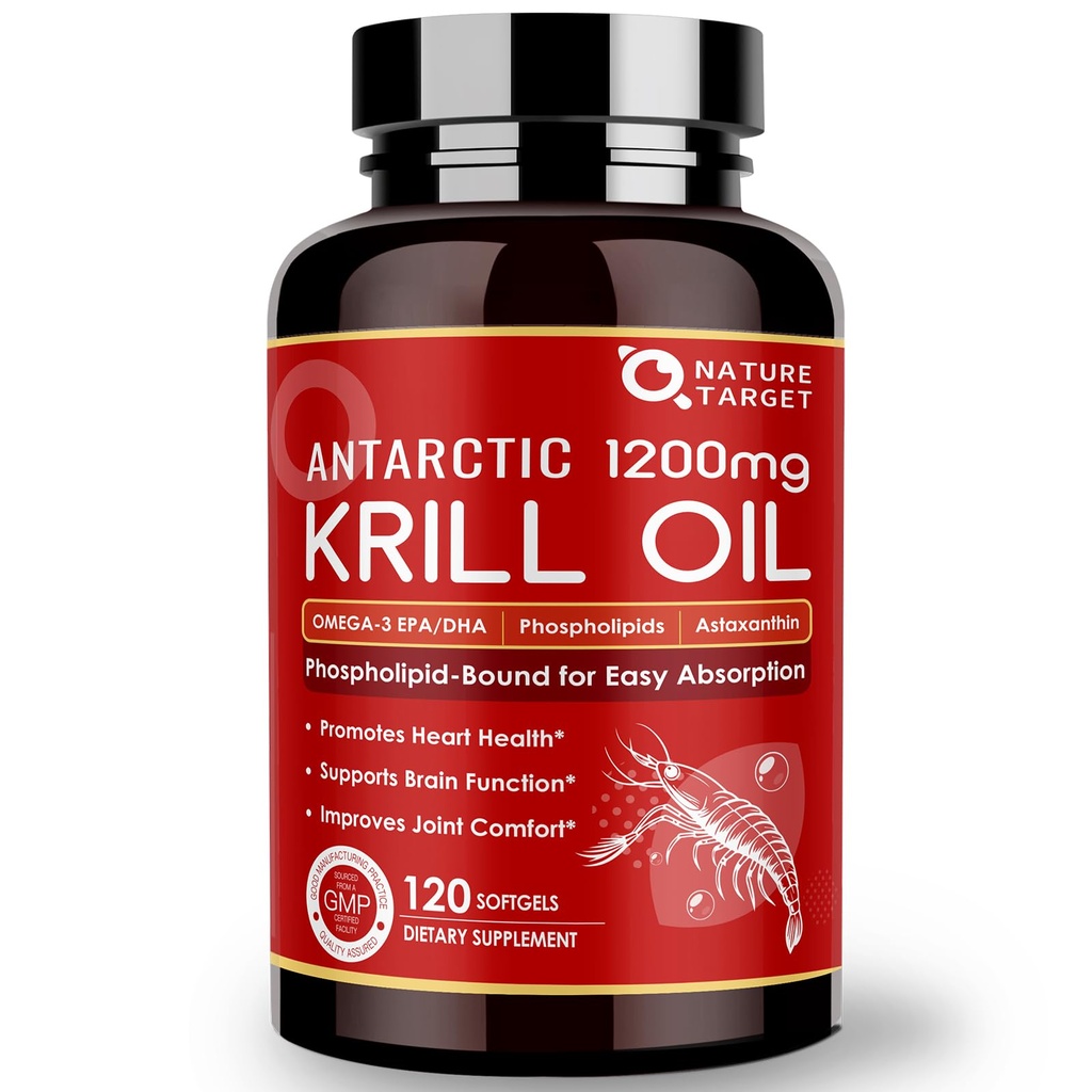 NATURE TARGET Krill Oil 1200mg z Omega-3 EPA & DHA z astaksantinom, fosfolipidi in holinom - podpira srce, možgani, Pridružite se zdravju, Non-GMO, Gluten Free, 120 Softgels (60 Servings)
