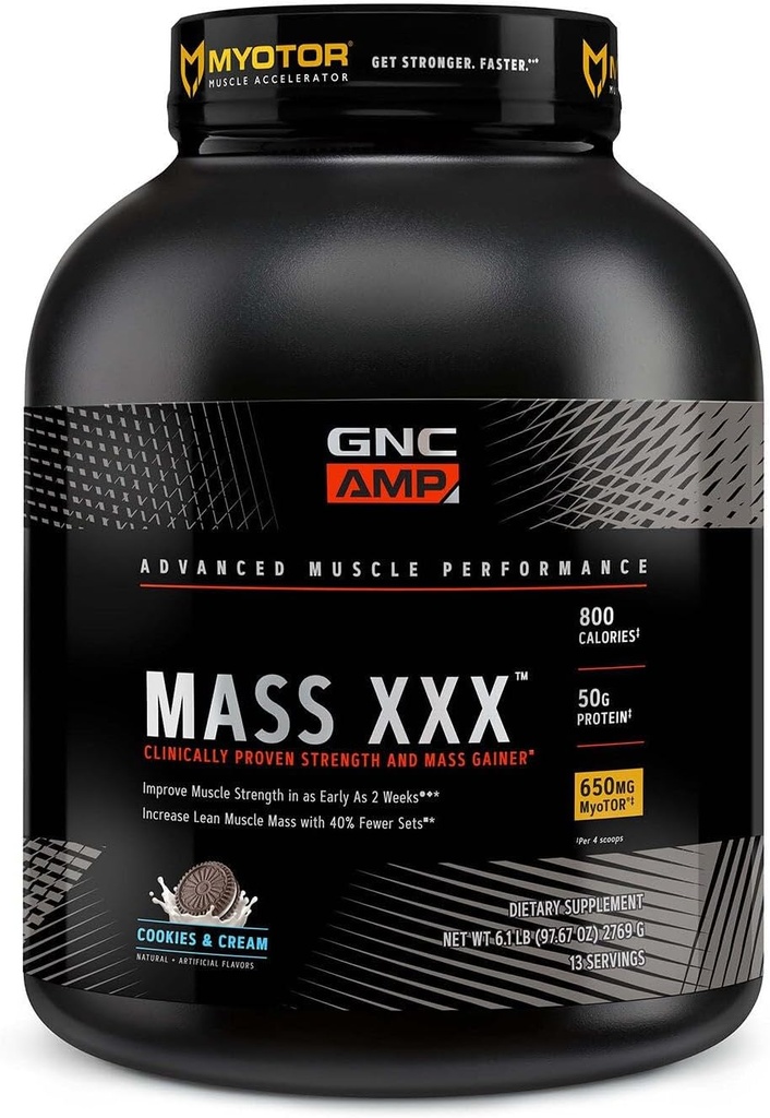 GNC AMP Masa XXX, Klinično dokazano Hujšanje Protein Powder, Izboljša moč, Velikost, 780 Kalorije, 50g Beljakovine, Mikronizirane aminokisline, Kreatin, Betain, Piškotki in krema, 13 Serving, 6 SVG