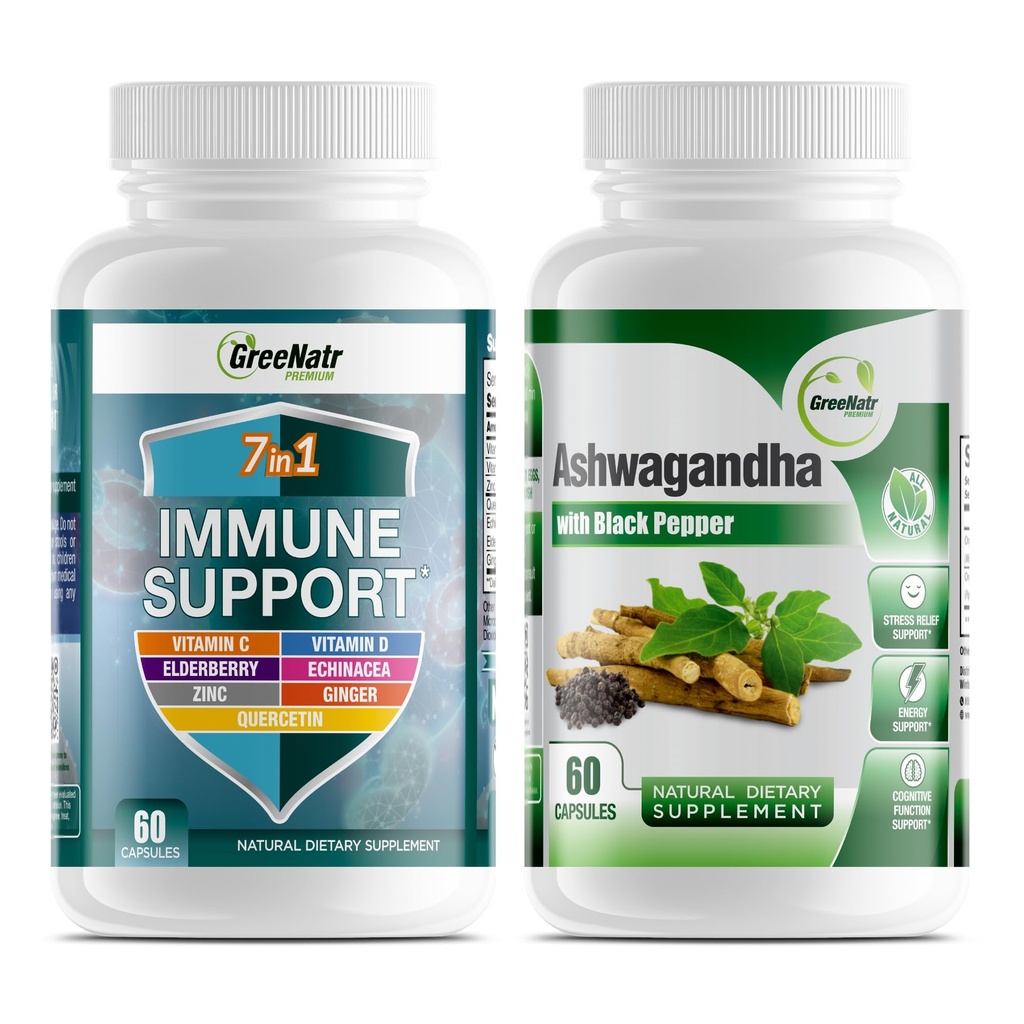 GreeNatr 7-in-1 Imunska podpora dodatek z vitaminom C, vitamin D3, cink 50mg, Quercetin, v kombinaciji z organskimi kapsul Ashwagandha Featuring črna paprika za izboljšano absorpcijo
