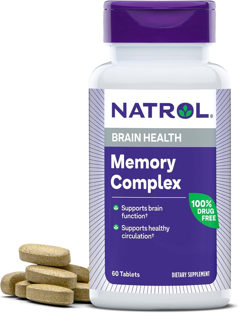 Natrol Memory Complex z Ginkgo Biloba 120mg in B Vitamini, Prehranska dopolnila za zdravje možganov in spominska podpora, 60 tablet, 30 dan dobave