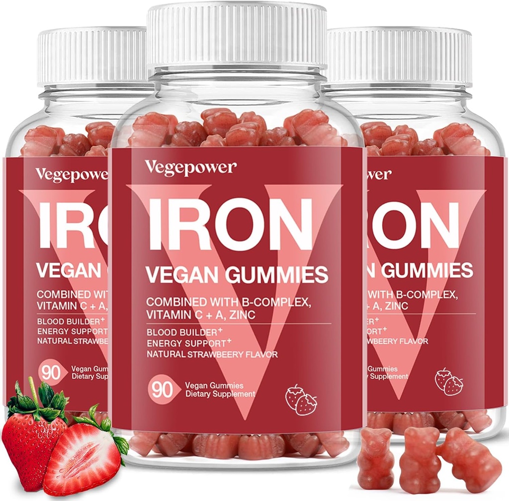 Iron Gumies dopolnila za otroke in ženske - multivitaminski z železom za zdravo kri, odličen okus vitaminov Gummy z vitaminom C za Max Absorpcija - Jagoda (3 pakiranja)