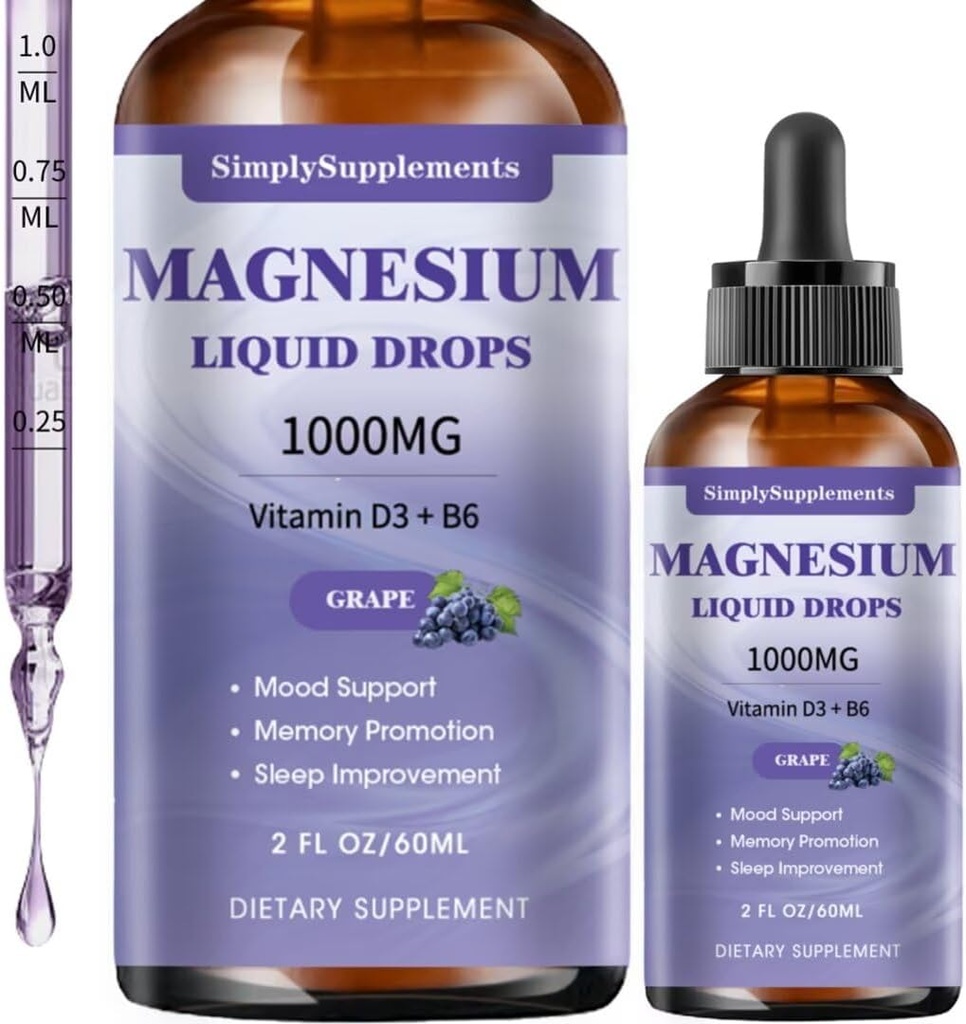 Tri Magnezij kompleksne tekoče kapljice, 1000mg Magnezij Glicinat kapljice, Taurat & Citrat z L-teanin, Vitamin D3 & B6 za spanje in podporo mišic, miren magnezij, grozdni okus, 2 Fl OZ