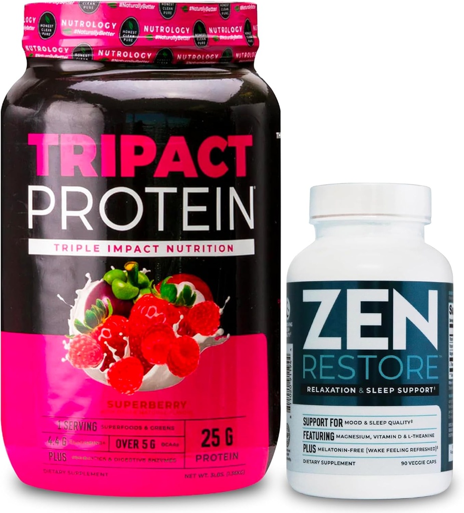 Nutrologija TRIPACT Protein Powder, 7-v-1 Zamenjava obroka Shake, Superberry (40 servingov) Zen Natural Magnezij dodatek (30 serviranja)